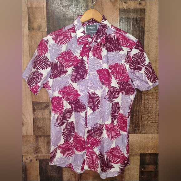 Bonobos Slim Fit Purple Leaf Print Short Sleeve Button Front Shirt 17 1/4 - Picture 1 of 7